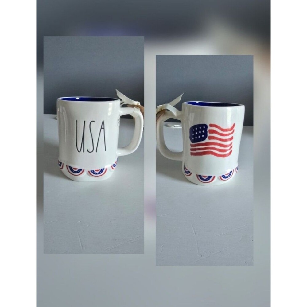 Rae Dunn USA Ceramic Double-sided Mug with Patriotic Banner NEW